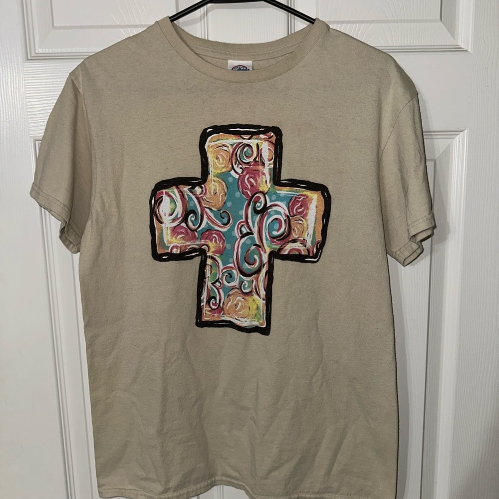 Beige T-Shirt with Colorful Cross Design